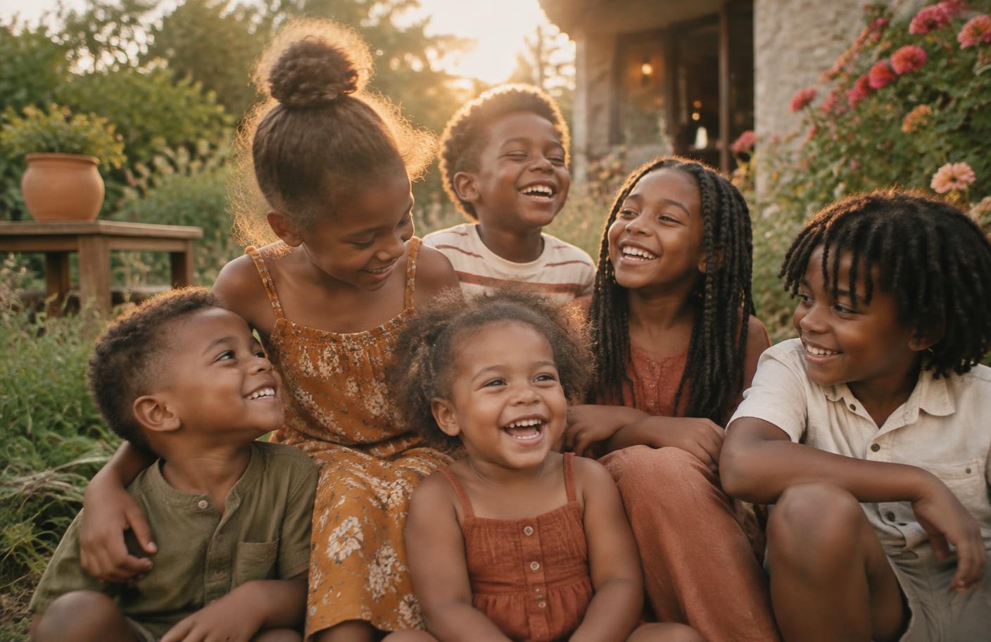 Black and Brown children laughing together in a garden at golden hour