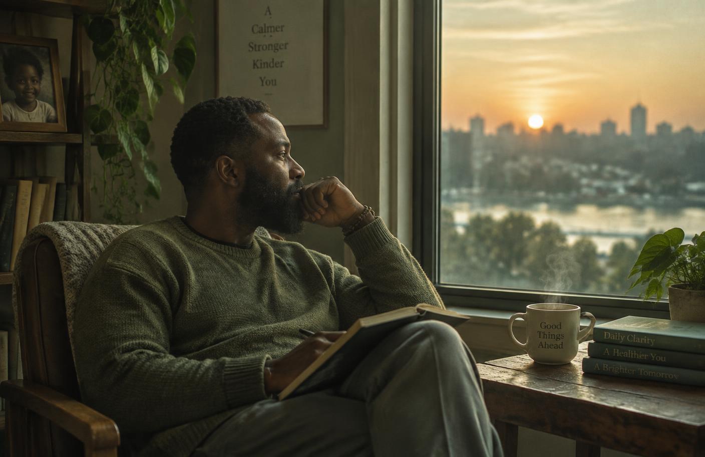 A father journaling quietly by a window at sunrise