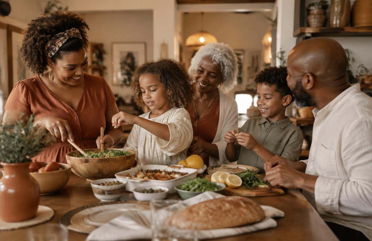 A multigenerational family cooking together around a table