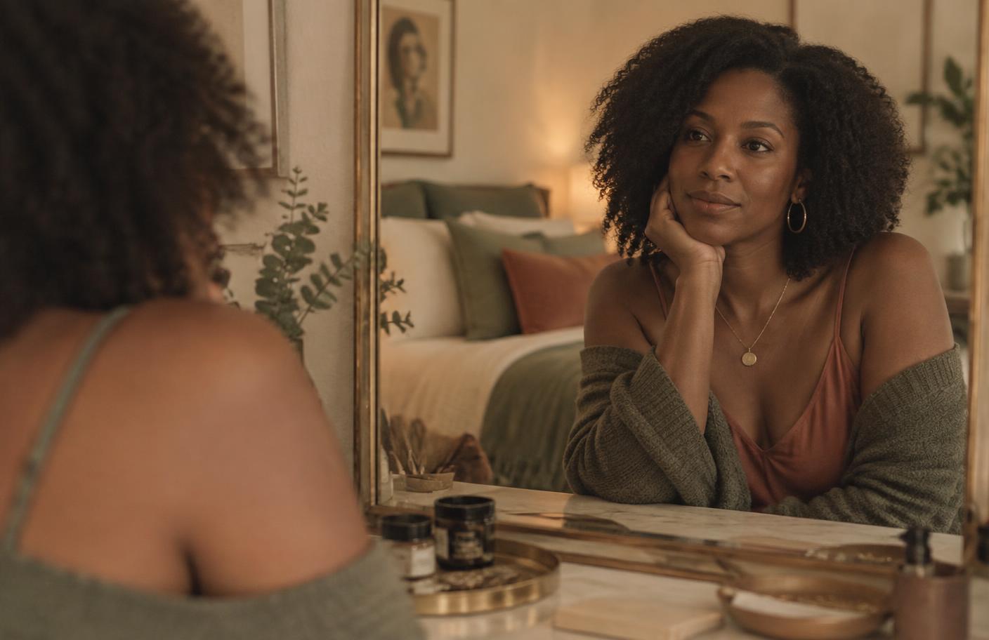 A woman looking thoughtfully into a mirror in warm lamplight
