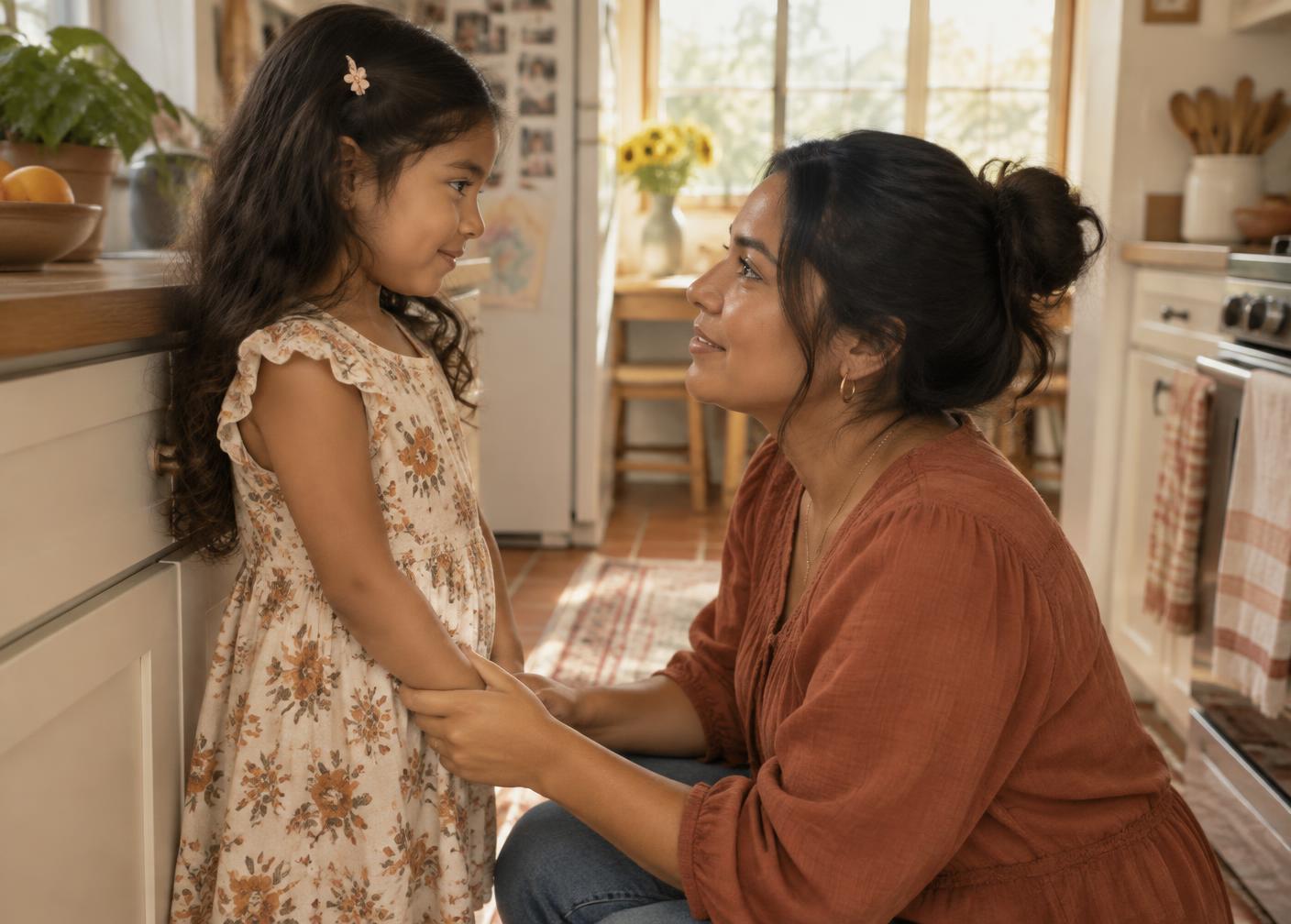 A mother kneeling to speak gently with her young daughter