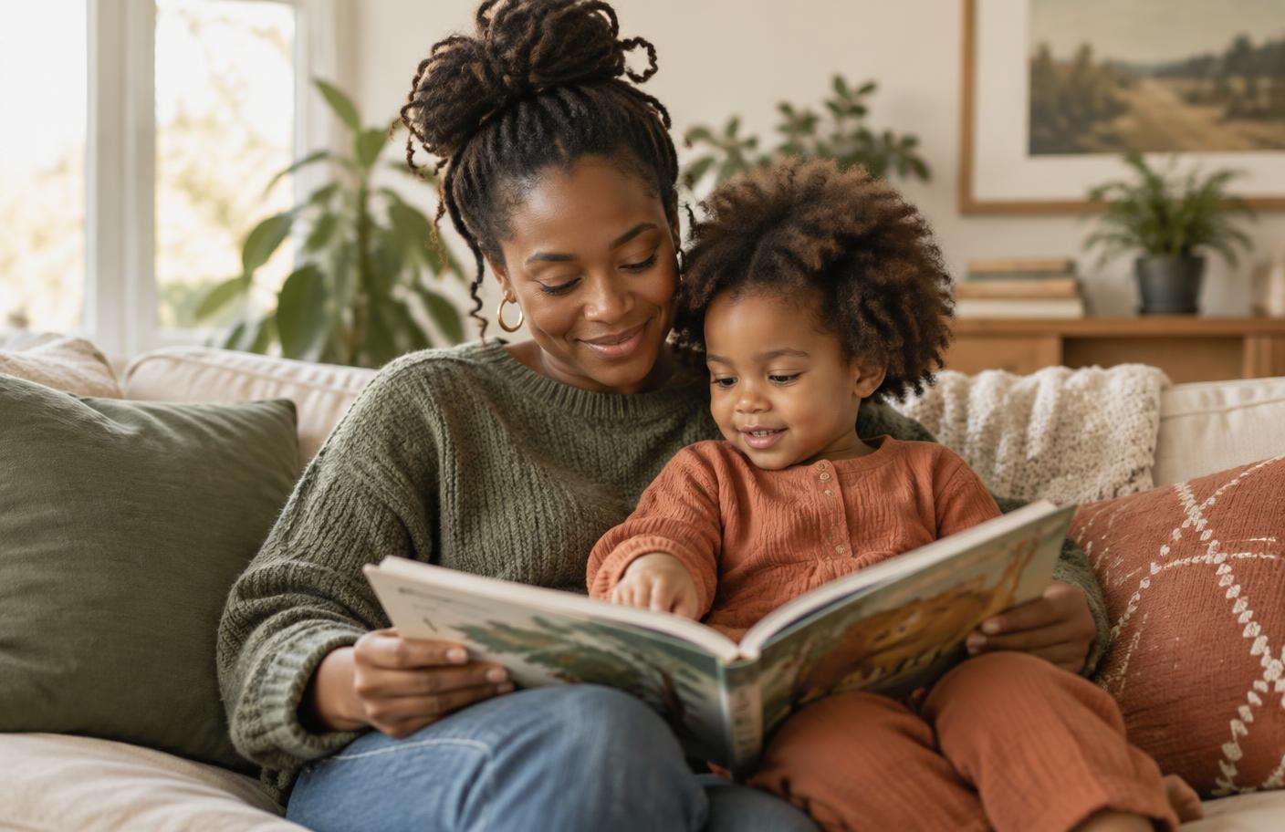 A Black mother and young child reading together on a couch in warm afternoon light